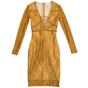 Gianni Bini Mustard Yellow Lace Long Sleeve Plunge Midi Dress Small